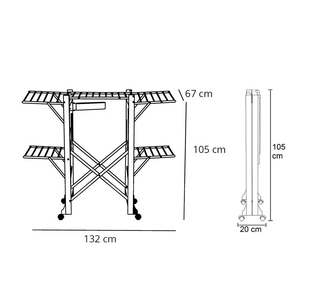 Wäscheständer Aliante: Maßzeichnung, 132 × 67 × 105 cm, geschlossen 20 cm tief
