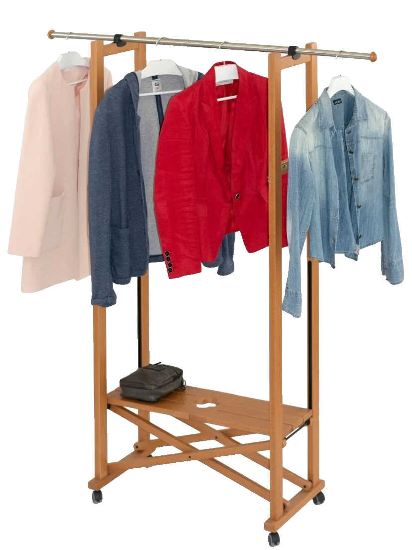 Faltgarderobe Elios aufgeklappt, mit Jacken und Schuhen